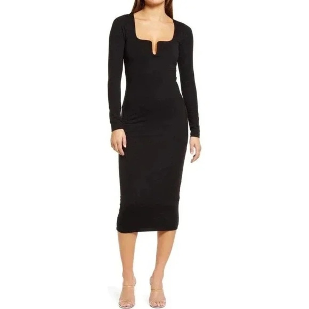 NWT Good American Black Long Sleeve U ring midi body con Dress